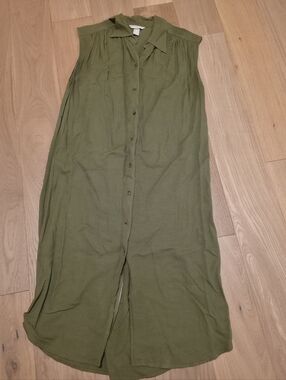 H&M Olive Green Sleeveless Button-Front Midi Shirt Dress